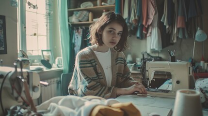 A young woman sits at a sewing machine in a cozy, fabric-filled room, gazing thoughtfully at the camera, embodying creativity and quiet focus.