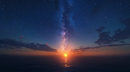 Mesmerizing Sunset Over Ocean with Milky Way Rising in Starry Night Sky