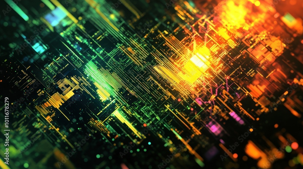 Poster abstract digital cityscape with vibrant colors and intricate patterns.
