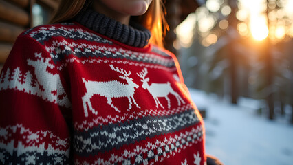 Woman wearing red festive sweater with reindeer patterns in snowy outdoor setting during sunset