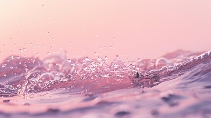Pink-hued water with splashing droplets captures the dynamic movement and fluidity of nature in a tranquil setting.