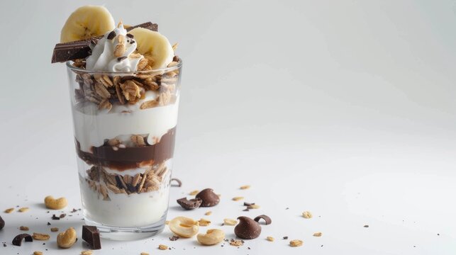 A layered yogurt parfait with granola, banana slices, nuts, chocolate, and a dollop of whipped cream, offering a delicious and nutritious treat.