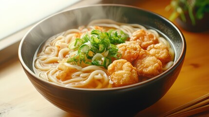 Steaming bowl of udon noodles with egg