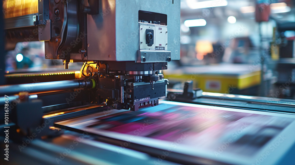 Poster close up of press printing machine in operation, showcasing intricate mechanics and vibrant colors o