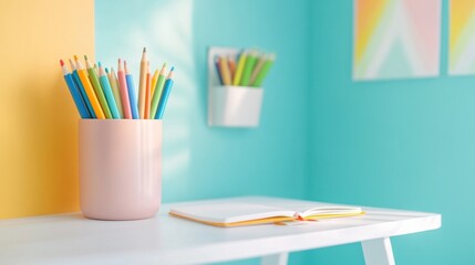 Fototapeta premium Colorful Desk Setup with Pencils and Notebook
