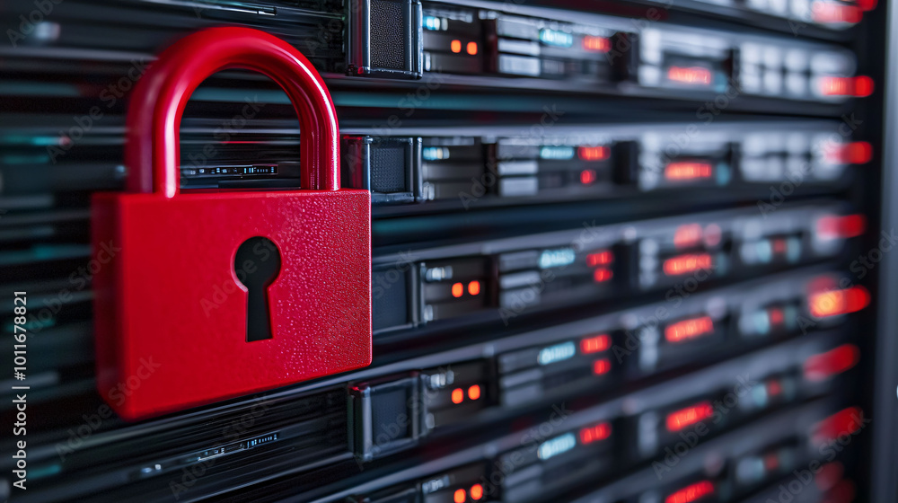 Poster close up of red padlock on computer server, symbolizing security and protection in digital environme