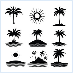 Fototapeta premium A collection of Palm trees and tropical island with sun vector icon, beach holidays silhouette set, nature doodles isolated on white background