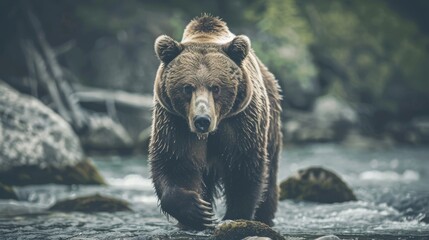 Obraz premium A formidable bear strides through a shallow, swiftly flowing river, its intense gaze fixed forward and its fur glistening with water.