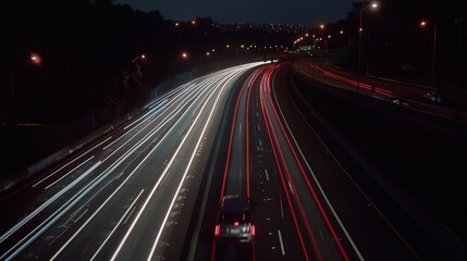A night-time urban scene depicting blurred headlights and taillights of cars speeding along a multilane highway, creating light trails and a bustling atmosphere.