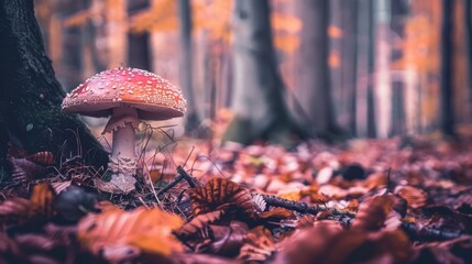 Close-up of a single vibrant red-capped mushroom amidst the autumn forest floor, with fallen leaves creating a picturesque and serene ambiance.