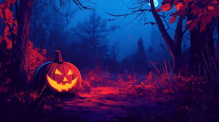 A glowing jack-o-lantern sits in the middle of a dark forest with a full moon and a starry sky. The path leading to the pumpkin is lit with an eerie glow, creating a spooky atmosphere.