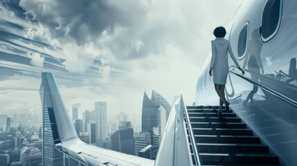 Fototapeta premium A silhouette of a person walking up luxurious airplane stairs, with a futuristic city skyline in the background, conveys elegance and anticipation of travel.