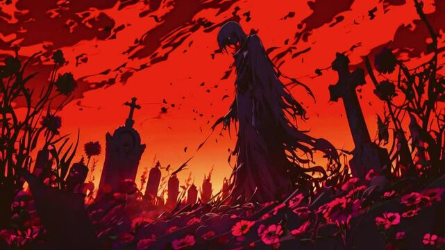 The Angel of Death stands still, shadow moves graveyard, bringing decay and darkness. grass dies, flowers earth, 4k High-Quality Hand-drawn anime-style religious Background Animation Video