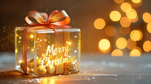 Glass Christmas gift box on bokeh golden background