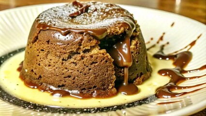 Close-up of a warm chocolate lava cake with melted chocolate center, served with a drizzle of chocolate sauce and a dollop of vanilla custard on a white plate.