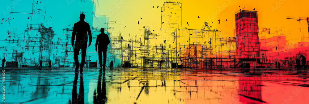 Canvas Prints Two men walk through a city with a colorful, abstract design.