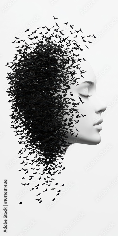 Poster a conceptual portrayal of a face dissolving into birds, symbolizing freedom and transformation on a 