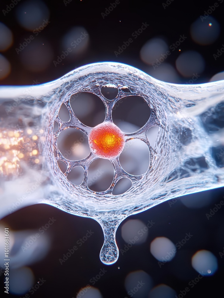 Poster a detailed close-up of a biological cell structure on a dark background, showcasing intricate cellul