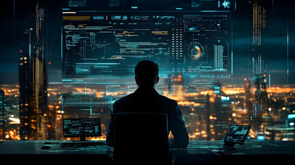 A Silhouette of a Hacker Working at a Desk with a Night City View and Digital Interface Screens Displaying Code and Data