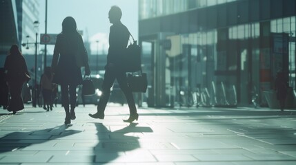 Obraz premium Silhouetted figures walk in a busy cityscape, capturing the hustle and bustle of urban life in a sunlit atmosphere.