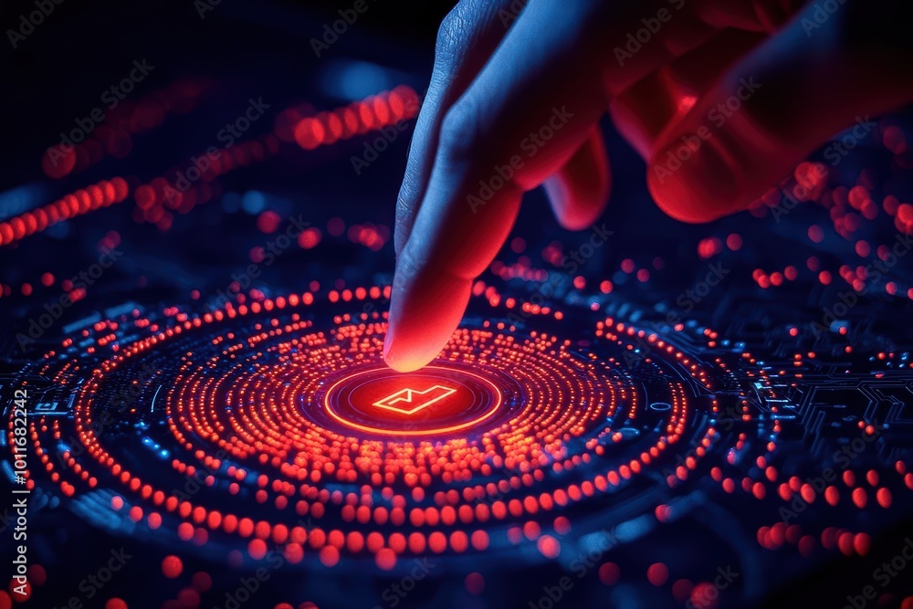 Poster a hand interacts with glowing red digital interface, symbolizing technology and innovation on a dark