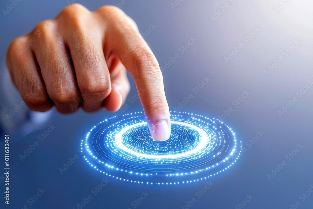 Poster a hand touching a glowing digital interface, representing interaction and innovation in technology.