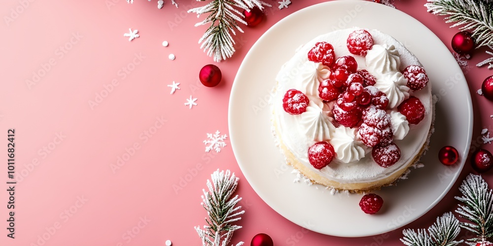 Poster a delicious looking white cake with a layer of frosting and a generous amount of red berries on top.
