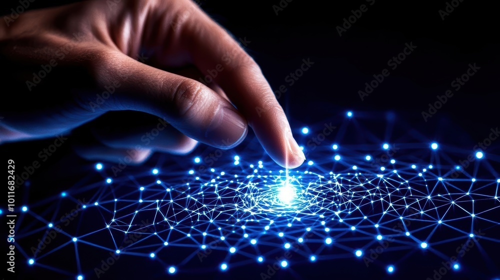 Poster a hand touching a glowing digital network, representing connection and technology.