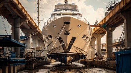 A luxurious white yacht in dry dock under construction or maintenance, highlighted by sunlight.