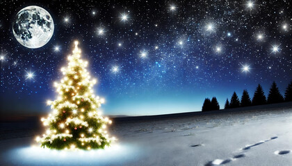 Fototapeta premium Christmas tree under a starry night sky with moonlit snow