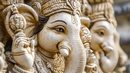 Fototapeta premium Detailed stone sculptures from India, no people, with ample room for captions or text.