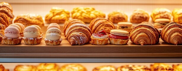 Delicious Pastry Display: A tempting array of freshly baked croissants, pastries, and macarons sit on a wooden display shelf, bathed in warm lighting.
