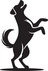 Black and white dog silhouette standing on hind legs, appearing to dance in a vector style