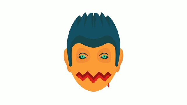Horror Mans face Mask with blood in teeth animation, Scary Wigs Fools Man animated video, Halloween Party footage, 31 October Clip,  Saints Eve festivals motion graphics