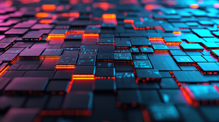 Digital technology landscape featuring interconnected microchips and circuits, illuminated with vibrant blue and red lights, creating futuristic and dynamic atmosphere