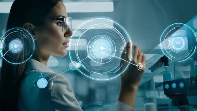 Young girl manager businesswoman interacts with AI AR holographic interface UI science research female scientist modern technology lab VR virtual reality artificial intelligence network IT specialist