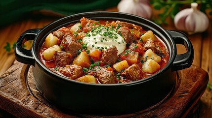 Beef stew with potatoes and sour cream