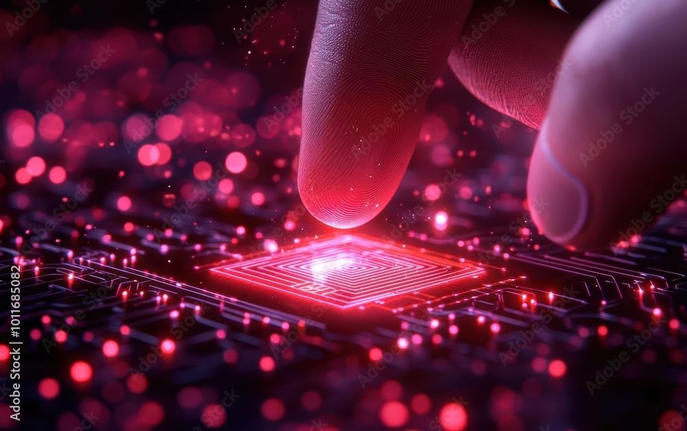 Poster close-up of a finger touching a glowing microchip on a digital background.