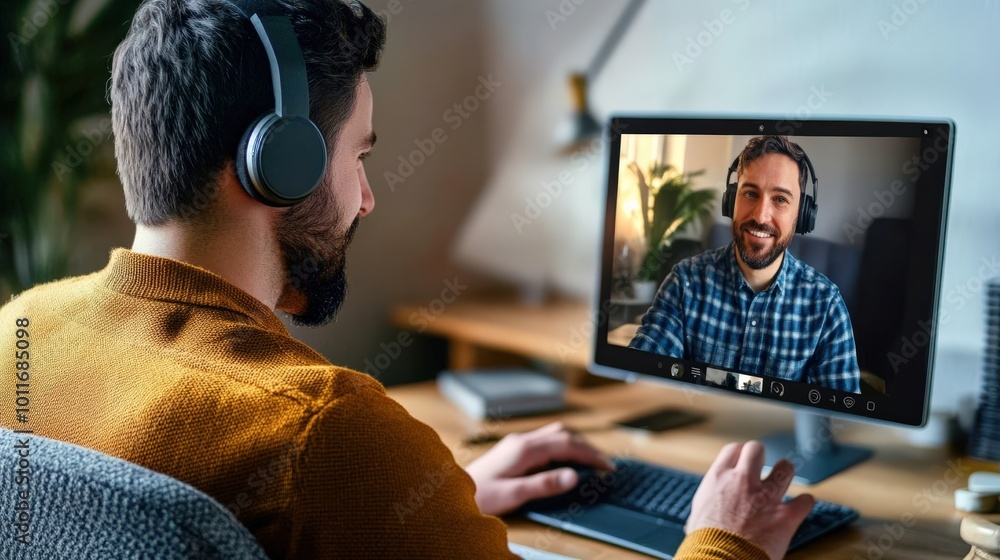 Poster a man is sitting at a desk with a computer monitor in front of him