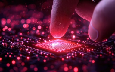 Close-up of a finger touching a glowing microchip on a digital background.