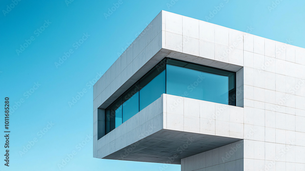 Poster modern architectural building with sharp lines and sleek design, featuring large glass windows and m