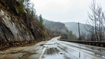 A rain-soaked road stretches through a misty forest, framed by steep cliffs and bare trees, capturing a melancholic, tranquil mood.