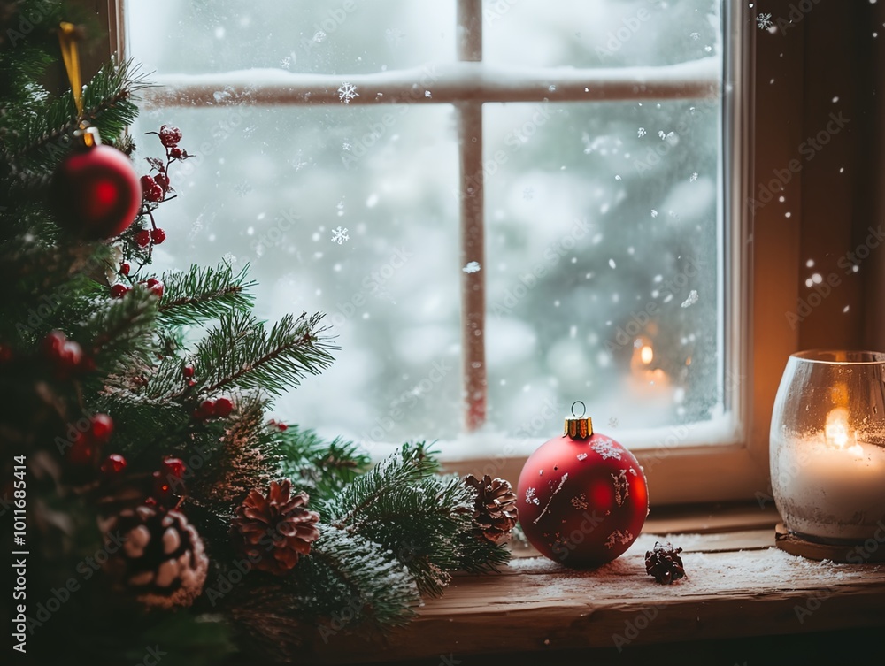 Poster a christmas tree with red and green decorations sits in front of a window. a red ornament sits on a 