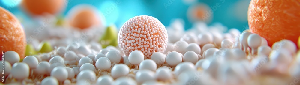 Poster close-up of colorful cells and particles on a soft-focus background, showcasing intricate details an