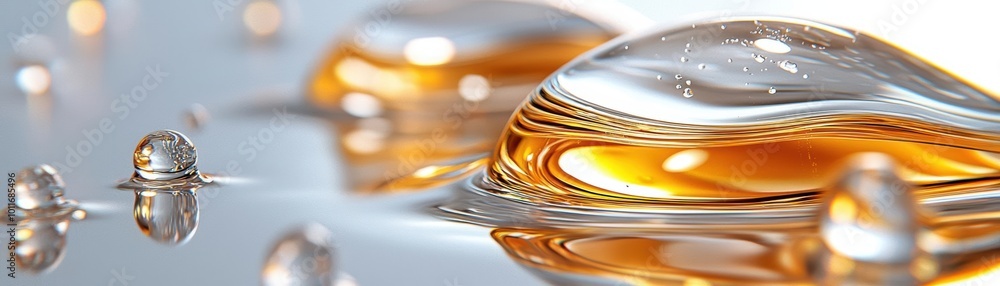 Poster close-up of amber liquid and droplets on a reflective surface, creating a mesmerizing visual effect.