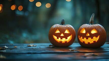 Fototapeta premium Halloween Jack O Lantern pumpkins, carved and glowing on a wooden table with room for text.