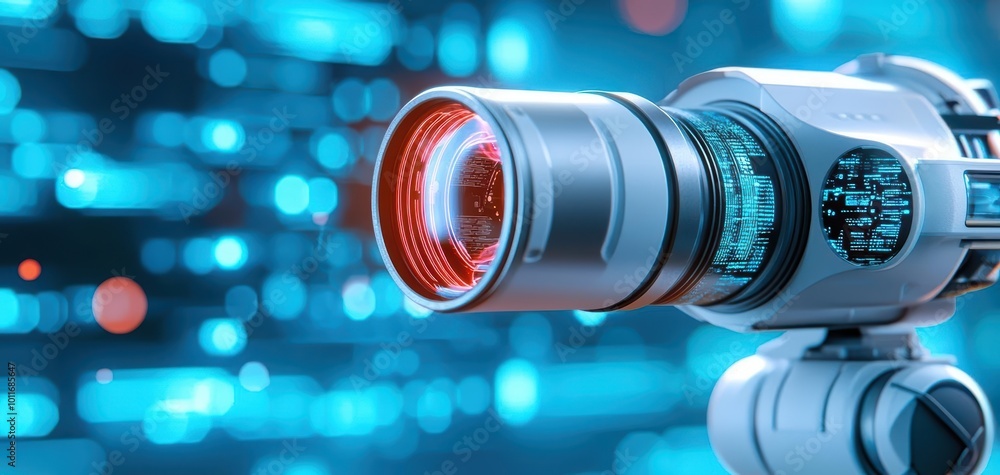 Poster close-up view of advanced camera lens with modern technology background.