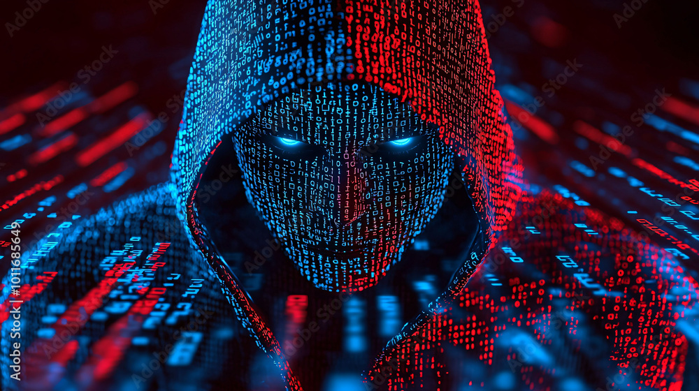 Poster mysterious hooded figure surrounded by digital code, representing themes of technology and anonymity