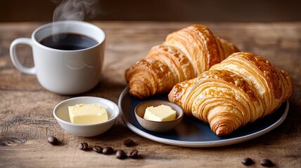 Coffee & Croissants: A steaming cup of coffee and two freshly baked croissants on a rustic wooden table, ready to be enjoyed.  This image evokes a sense of cozy mornings, relaxation, and indulgence. 