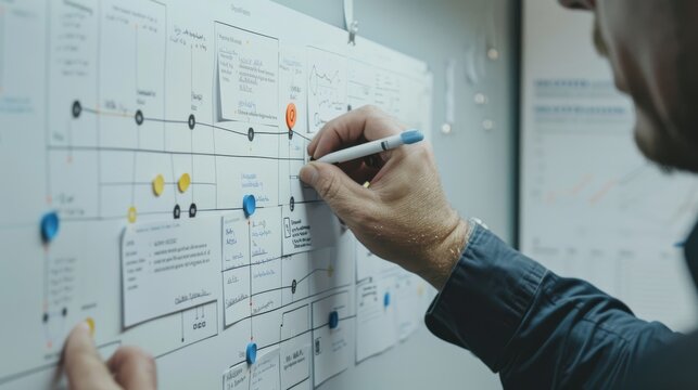 A hand writes on a detailed flowchart pinned on a wall, with colorful markers and notes making a complex project plan visually engaging.